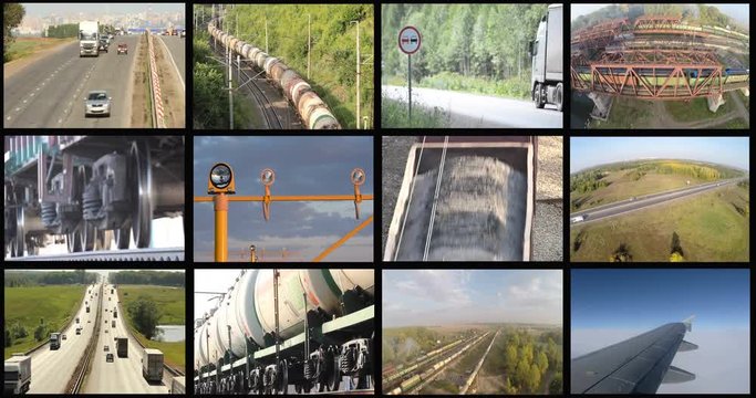 The industry of cargo transportation. Montage split screen 4K. Road, rail, coal, cargo, petrol and oil tanks. Aerial View. 
