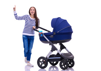 Full length portrait of a mother with a stroller, isolated on white background. Young mom
