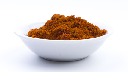 Red Chilly Powder in a bowl on white background. Selective focus and crop fragment.
