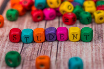 Student Word In Wooden Cube. close up