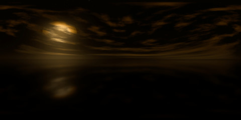 high resolution HDRI map: environment map for equirectangular projection at sunrise, spherical panorama, 3d background (dark golden sky on alien planet over calm water with clouds and stars)