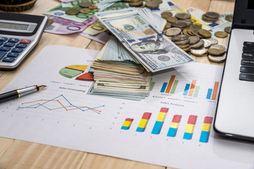 Office workplace - business chart, laptop, pen, dollar and calculator