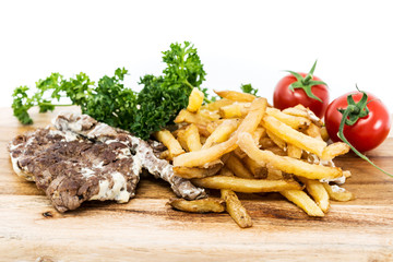 juicy steak beef meat with tomato and french fries