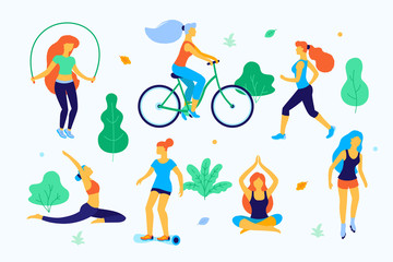 Fototapeta premium Women walking in the park vector flat illustration. Girls doing sports in the park, running, skating, doing yoga, jumping.