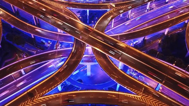 Aerial hyperlapse video of highway traffic at night in Shanghai