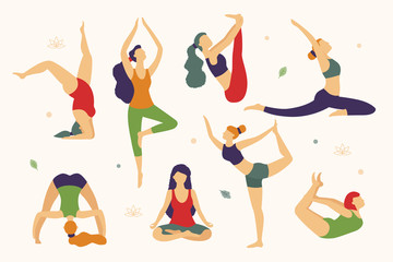 Fototapeta na wymiar Women are doing yoga in different poses vector flat illustration isolated on white background. Yoga for every woman slim and overweight ones.