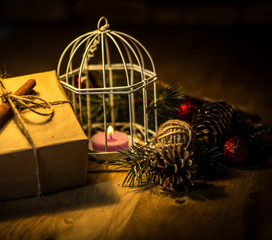 vintage gift box and candle on a Christmas background