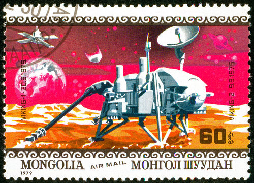 Ukraine - circa 2018: A postage stamp printed in Mongolia show interplanetary stations Viking 1 and 2. Series: Air Mail. Apollo 11 Moon Landing 10th Anniversary. Circa 1979.