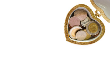 Coins in heart box, Thai currency money on white background