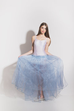 Gorgeous Teenage Girl In Long Ballet Tulle Smiling. Studio Lighting, No Retouch.