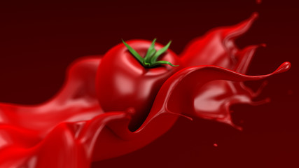 Beautiful red background with tomato and splash of juice, tomato paste, ketchup, sauce. 3d illustration, 3d rendering.