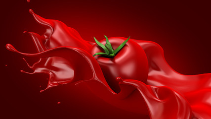 Beautiful red background with tomato and splash of juice, tomato paste, ketchup, sauce. 3d illustration, 3d rendering.