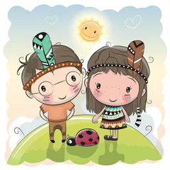 Meubelstickers Kinderkamer Schattige Cartoon tribal meisje en jongen met veer