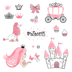 Set of Princess world design elements isolated on white. Vector illustration. © Afanasia