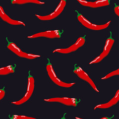 Hot chili pepper seamless pattern. Bright hand drawn peppers on black background.