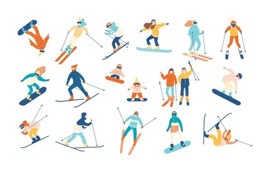 Adult people and children dressed in winter clothing snowboarding and skiing. Male and female cartoon ski and snowboard riders. Winter mountain sports activity. Vector illustration in flat style. - obrazy, fototapety, plakaty