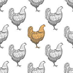 Chicken vintage engraved illustration seamless pattern background. Vector