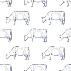 Cow vintage engraved illustration seamless pattern background. Vector