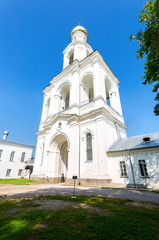 Fototapeta na wymiar Bell tower of the St. George (Yuriev) Orthodox Male Monastery in Veliky Novgorod, Russia