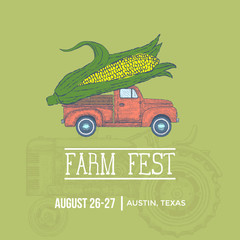 Farm fest banner. Pickup trick with Giant Corn. Vector