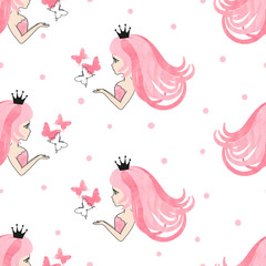 Seamless princess pattern with beautiful girls and butterflies. © Afanasia