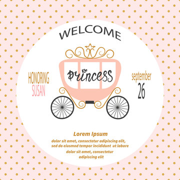 Baby Shower Girl. Vector Invitation Card Design With  Princess Carriage.