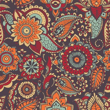 Motley Oriental Paisley Seamless Pattern With Colorful Buta Motif And Mehndi Elements On Dark Background. Bright Colored Vector Illustration For Fabric Print, Wallpaper, Wrapping Paper, Backdrop.