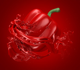 Beautiful, abstract red background with pepper and a splash of juice. 3d illustration, 3d rendering.