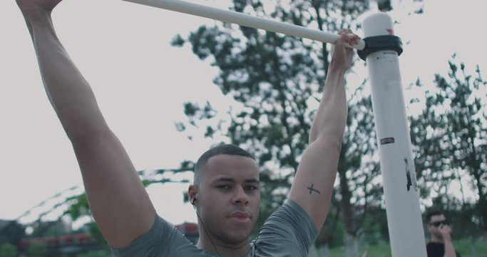 Black Male looking into Camera after doing pull up 