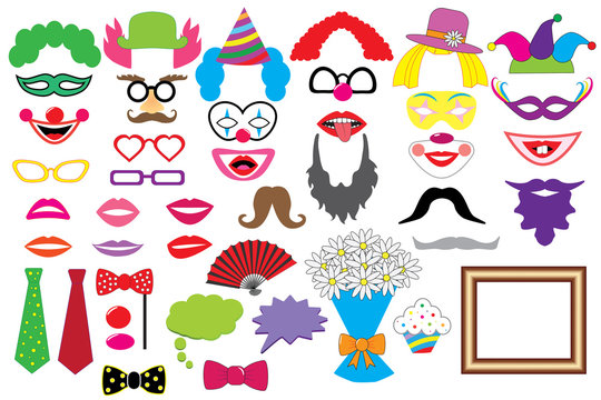 Party set. Clowns. Glasses, hats, lips, wigs, mustaches, tie and etc., icons. Vector. Photo booth props.