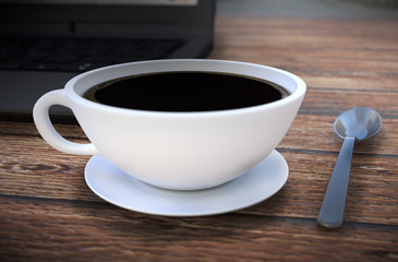 Coffee cup and spoon on wooden table. 3D rendering