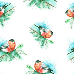 Obraz na płótnie Canvas Seamless watercolor pattern with a picture of a bird, bullfinch. A bird on a spruce branch. The bird is red. Watercolor card. 