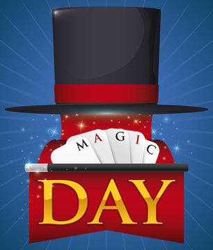 Top Hat and Royal Flush with Magic for Magic Day, Vector Illustration