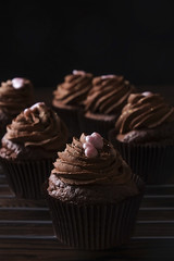Tasty home made baked birthday muffins sweets. Yummy bakery products bad for figure. Unhealthy sweets. Holiday christmas, womens mothers day, happy valentine, february. Make up present for girlfriend
