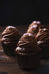 Tasty home made baked birthday muffins sweets. Yummy bakery products bad for figure. Unhealthy sweets. Holiday christmas, womens mothers day, happy valentine, february. Make up present for girlfriend