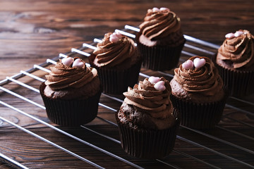 Tasty home made baked birthday muffins sweets. Yummy bakery products bad for figure. Unhealthy sweets. Holiday christmas, womens mothers day, happy valentine, february. Make up present for girlfriend