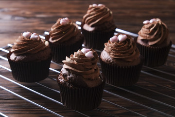 Tasty home made baked birthday muffins sweets. Yummy bakery products bad for figure. Unhealthy sweets. Holiday christmas, womens mothers day, happy valentine, february. Make up present for girlfriend