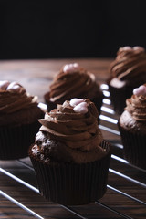 Tasty home made baked birthday muffins sweets. Yummy bakery products bad for figure. Unhealthy sweets. Holiday christmas, womens mothers day, happy valentine, february. Make up present for girlfriend