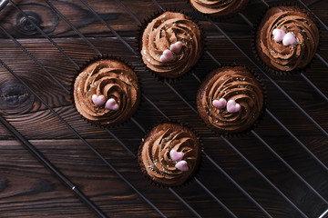 Tasty home made baked birthday muffins sweets. Yummy bakery products bad for figure. Unhealthy sweets. Holiday christmas, womens mothers day, happy valentine, february. Make up present for girlfriend