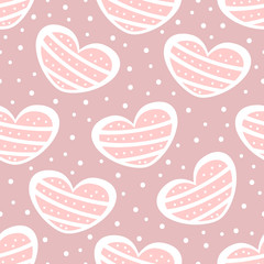 Repeated polka dots and cute hearts. Romantic seamless pattern.