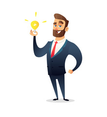 Successful beard businessman character holding light bulb. Big idea concept. Symbol of having business inspiration