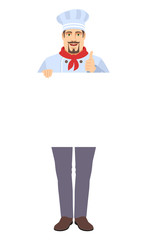 Chef  holding white blank poster and  showing thumb up