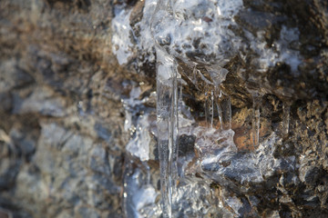 Frozen waterfall  stalactites, Icicles in winter.