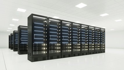 Data Center with black server racks glowing 3d rendering