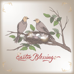 Easter color greeting card with two birds and nest with eggs. Based on hand drawn sketch and brush calligraphy.