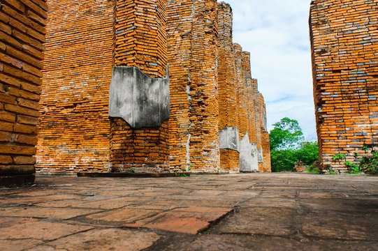 Ancient brick wall are Ayutthaya, Thailand.