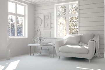 White room with armchair and winter landscape in window. Scandinavian interior design. 3D illustration