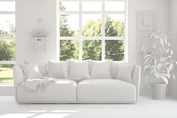 Idea of white room with sofa and summer landscape in window. Scandinavian interior design. 3D illustration