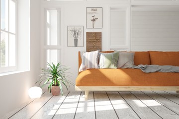 Idea of white minimalist room with sofa. Scandinavian interior design. 3D illustration