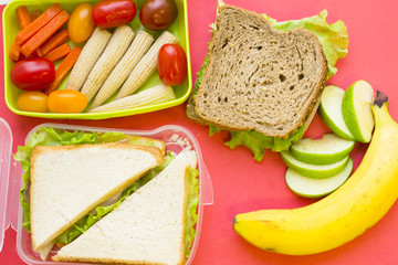 A set of lunch items: sandwiches, a green plastic container with vegetables and fresh fruit, top view, rose background